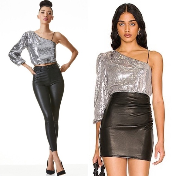 NWT ALICE + OLIVIA Silver Sequin Puff Long Sleeve One Shoulder Draped Crop Top L - Picture 1 of 15